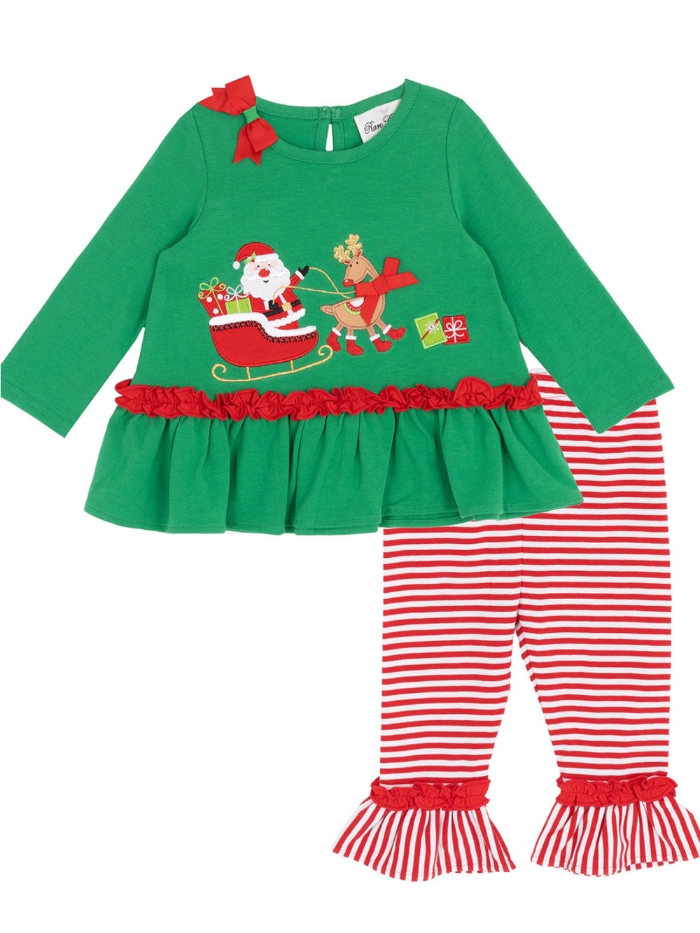NWT Rare Editions 3-6 M Green Santa Peplum Top with Red Striped Flare Pants